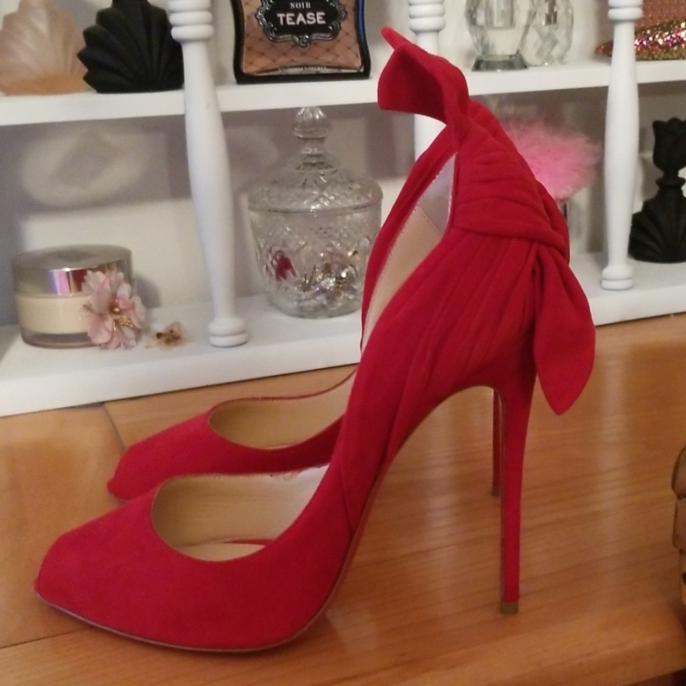 Christian Louboutin Red Suede Bow Back Pointed-Toe Pumps